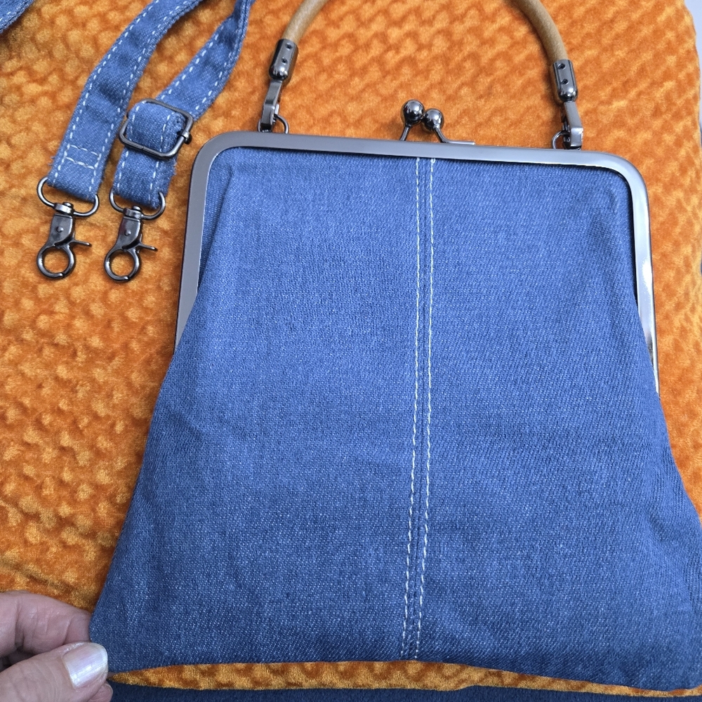 Blue Denim Kisslock Bag With Detachable Strap And Handle